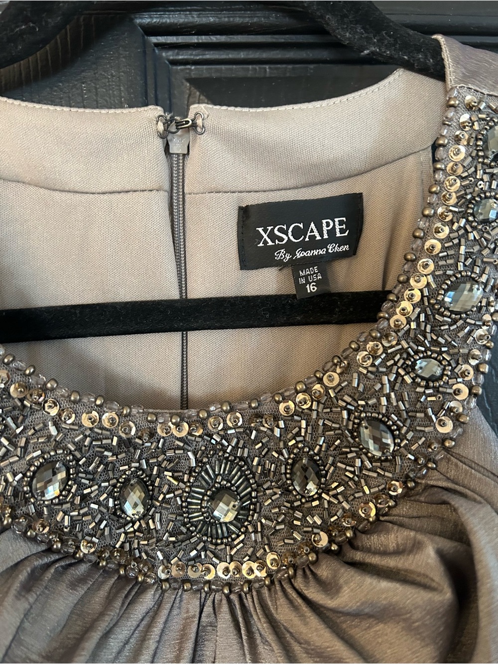 Xscape Embellished Neckline Metallic Taupe Evening Dress - Picture 3 of 4